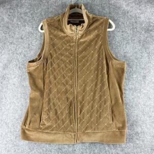 Quacker Factory Velour Vest Women XL Tan Rhinestone Bling Full Zip Quilted Artsy